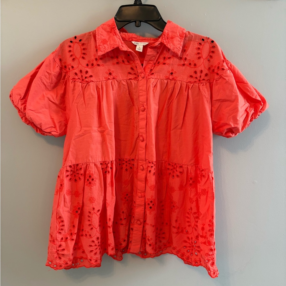 Cato Coral Button-Up Embroidered Blouse
